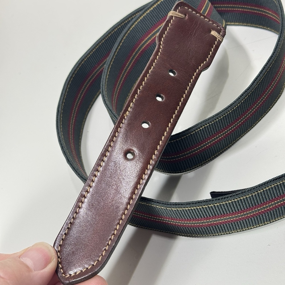 Trafalgar Green Striped Canvas Belt with Leather Tabs USA Mens 36 Brass Buckle - Picture 6 of 9